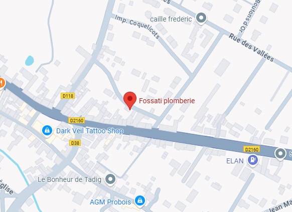 Carte routière montrant Fossati plomberie (épingle rouge), Dark Veil Tattoo Shop, ELAN sur D2160, D118. Inclut rues et autres commerces.