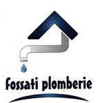 Logo Fossati Plomberie avec robinet, goutte d'eau et toit stylisé bleu nuit.